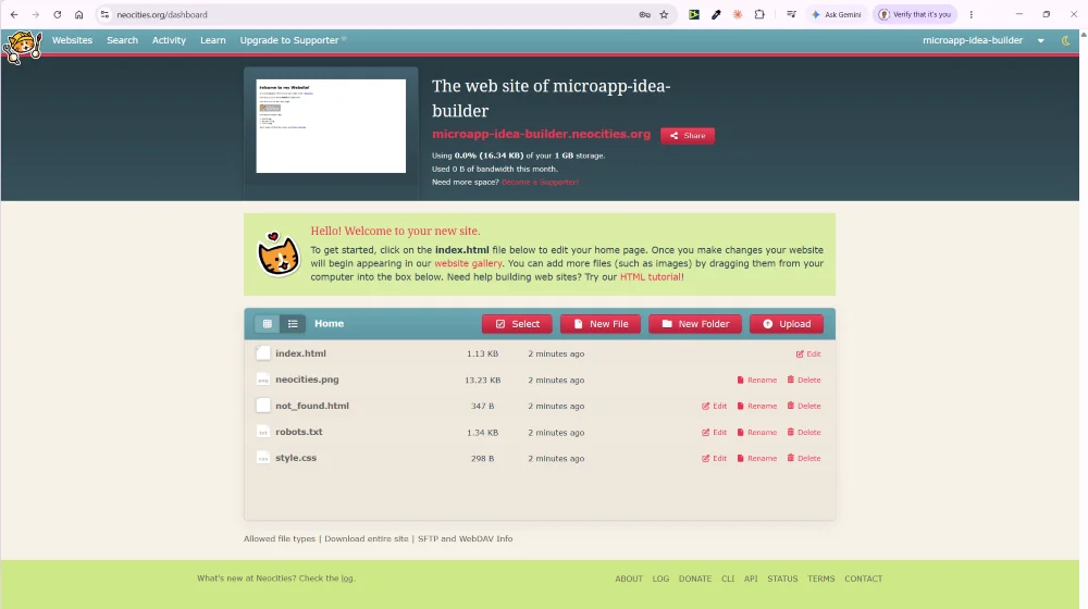 Neocities dashboard area